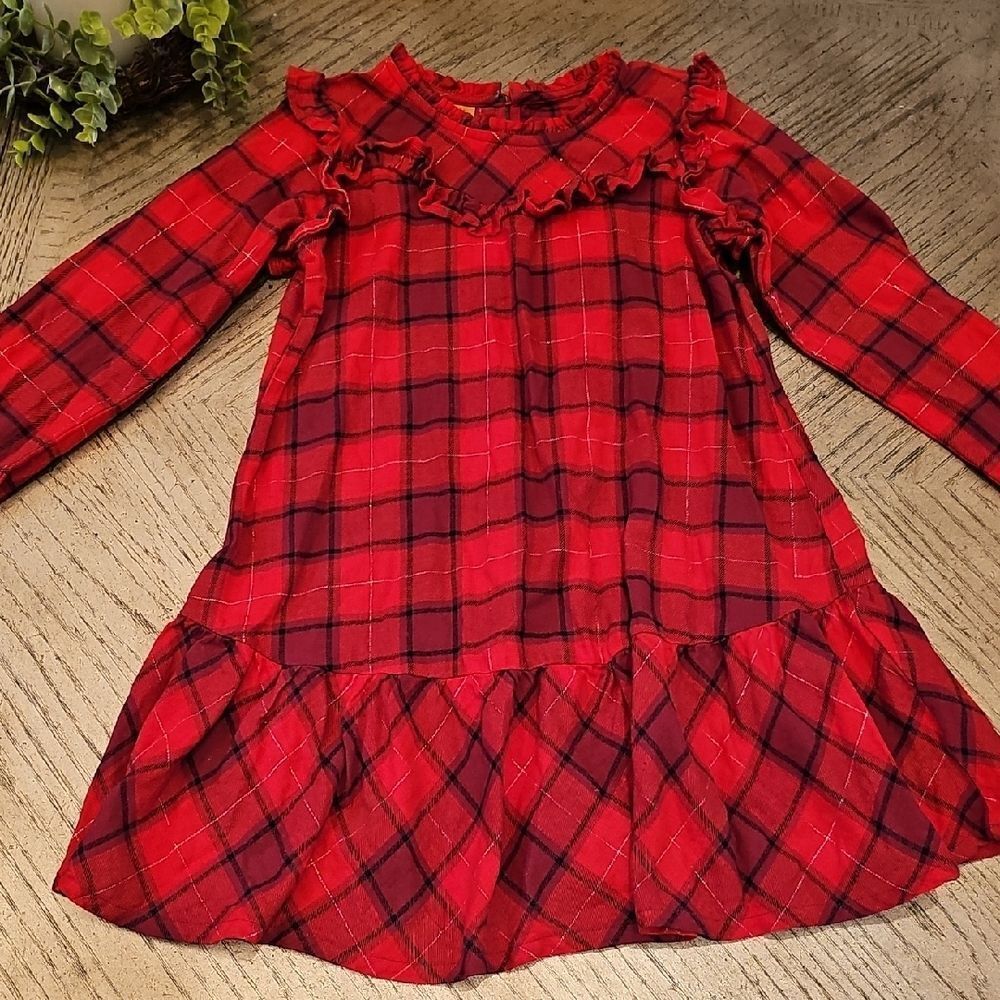 Red Plaid Ruffle Dress Lomg Sleeve Size L Wrangler Girls Excellent New Condition